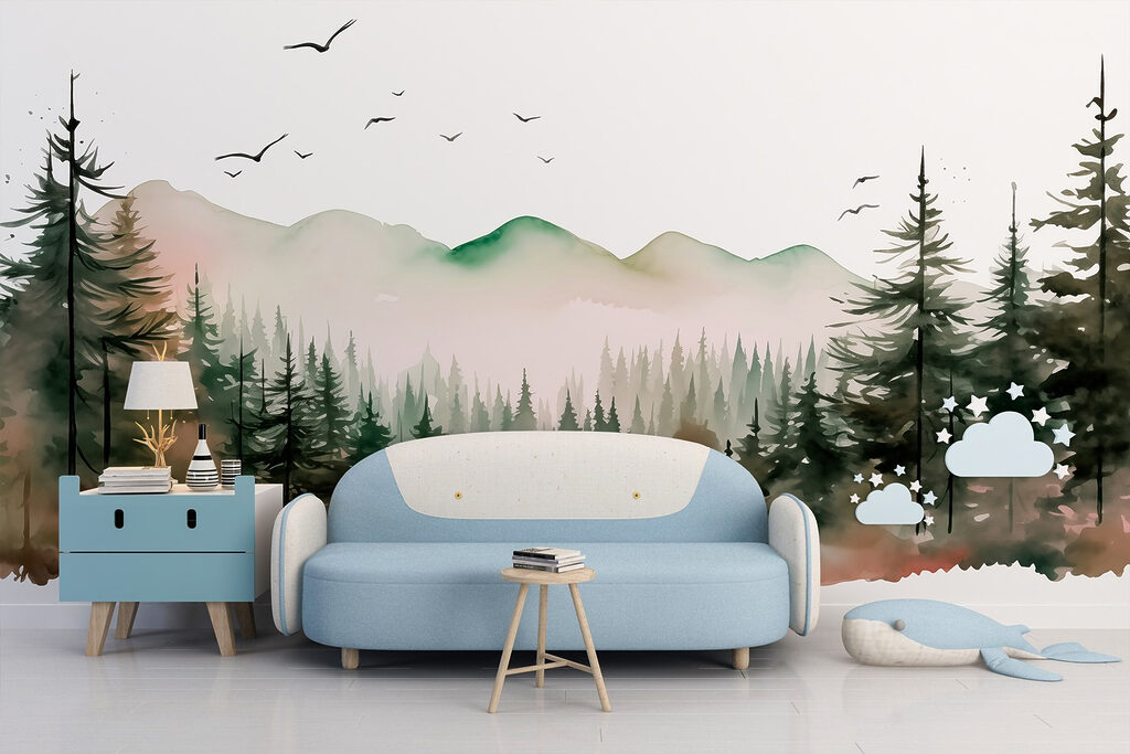Watercolor painting of a forest and mountains