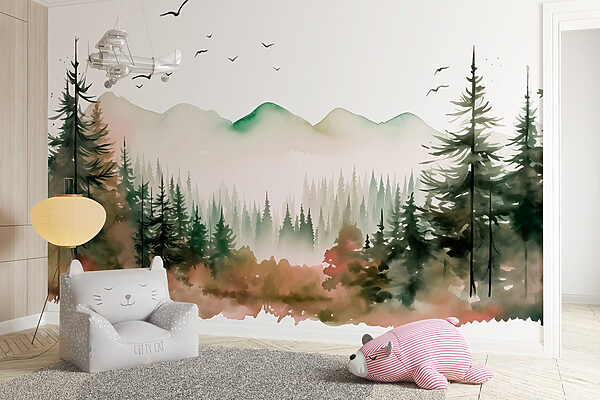 Aquarelle d'une forêt et de montagnes Aquarelle d'une forêt et de montagnes