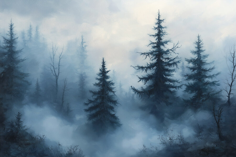 Forêt brumeuse avec des arbres