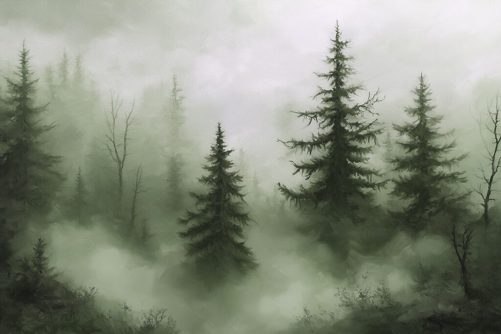 Forêt brumeuse avec des arbres Forêt brumeuse avec des arbres