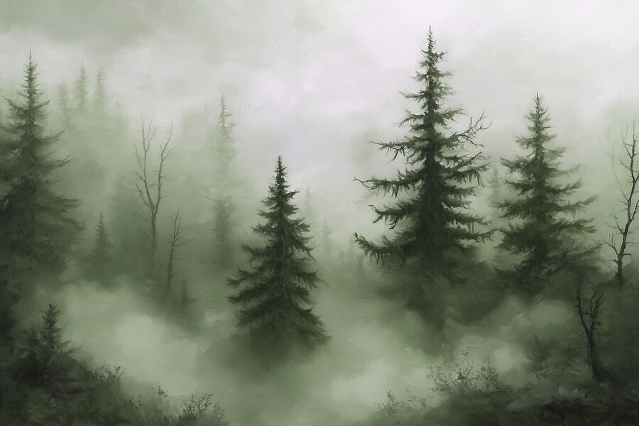 Forêt brumeuse avec des arbres Forêt brumeuse avec des arbres