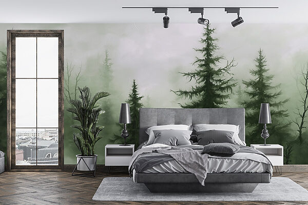 Forêt brumeuse avec des arbres Forêt brumeuse avec des arbres