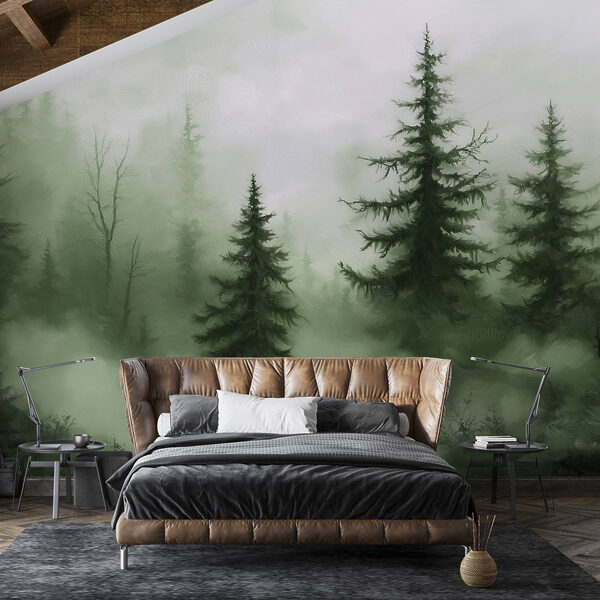 Forêt brumeuse avec des arbres Forêt brumeuse avec des arbres