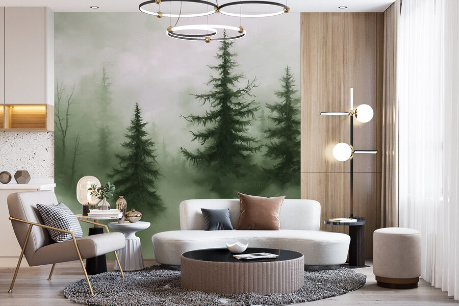 Forêt brumeuse avec des arbres Forêt brumeuse avec des arbres