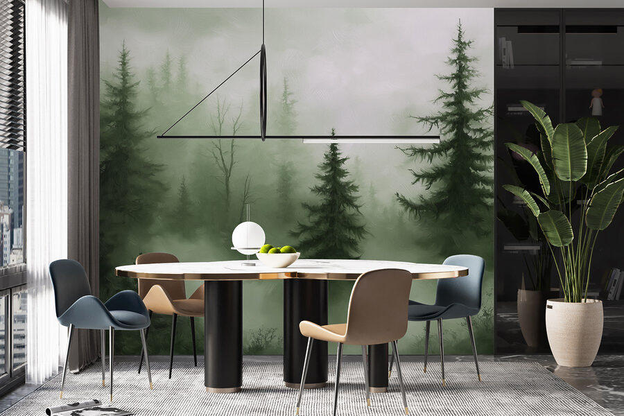 Forêt brumeuse avec des arbres Forêt brumeuse avec des arbres