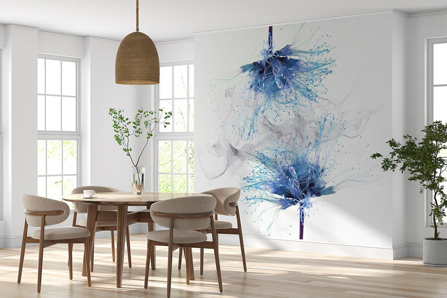 Fleurs bleues avec encre blanche dans l'air
