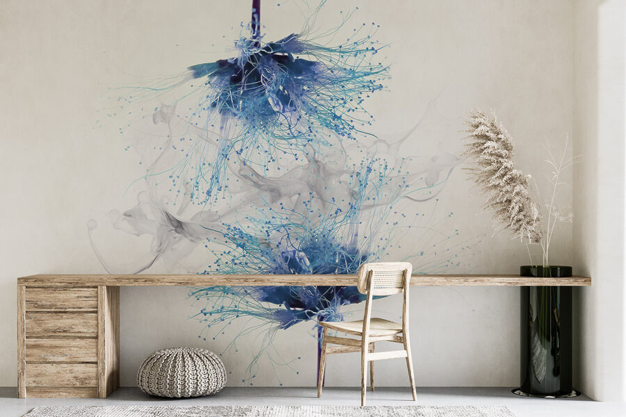 Fleurs bleues avec encre blanche dans l'air
