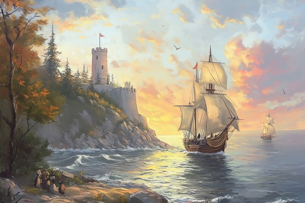 Painting of a ship sailing on the water Painting of a ship sailing on the water