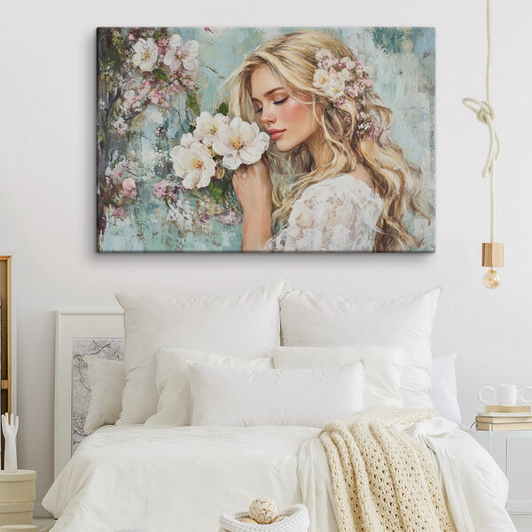 Peinture d'une femme sentant des fleurs Peinture d'une femme sentant des fleurs