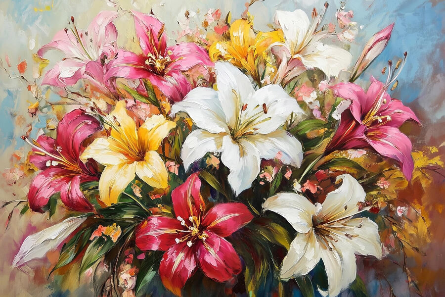 Peinture de fleurs sur fond bleu