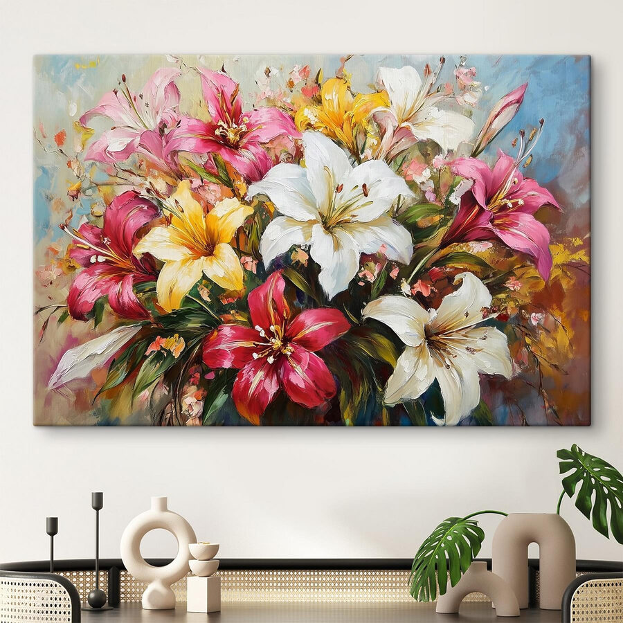 Peinture de fleurs sur fond bleu