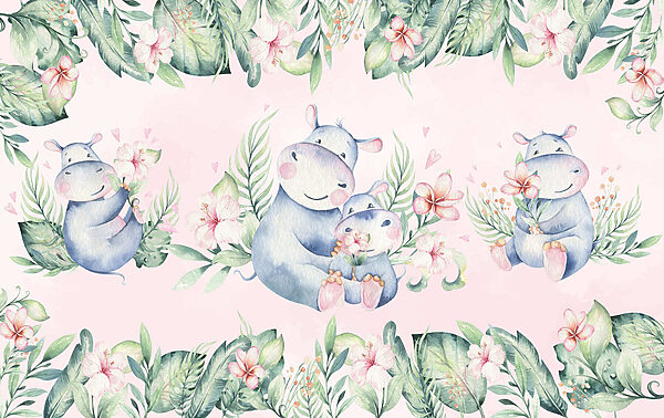 Motif sans couture d'hippopotames et de fleurs en aquarelle Motif sans couture d'hippopotames et de fleurs en aquarelle