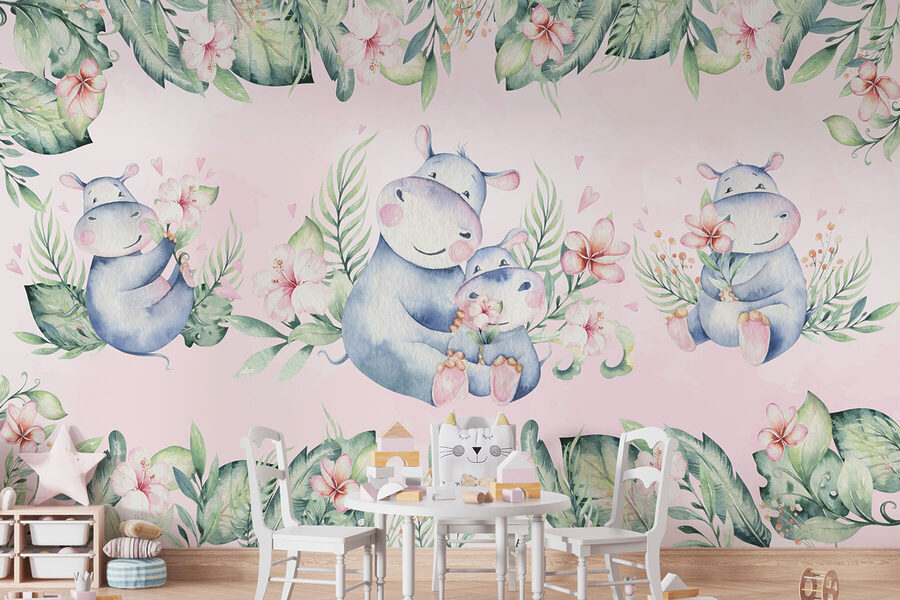 Motif sans couture d'hippopotames et de fleurs en aquarelle