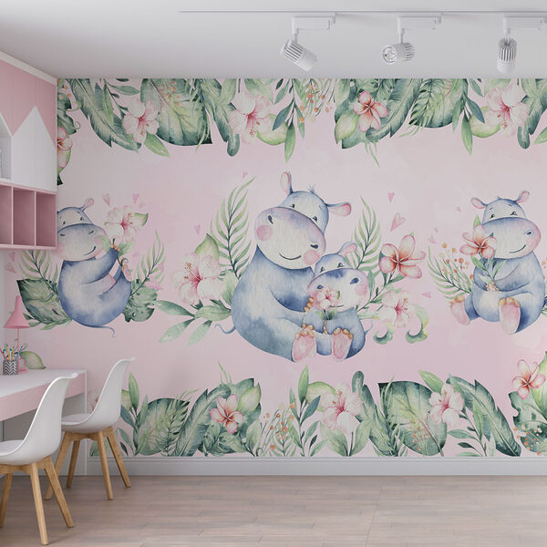 Motif sans couture d'hippopotames et de fleurs en aquarelle Motif sans couture d'hippopotames et de fleurs en aquarelle