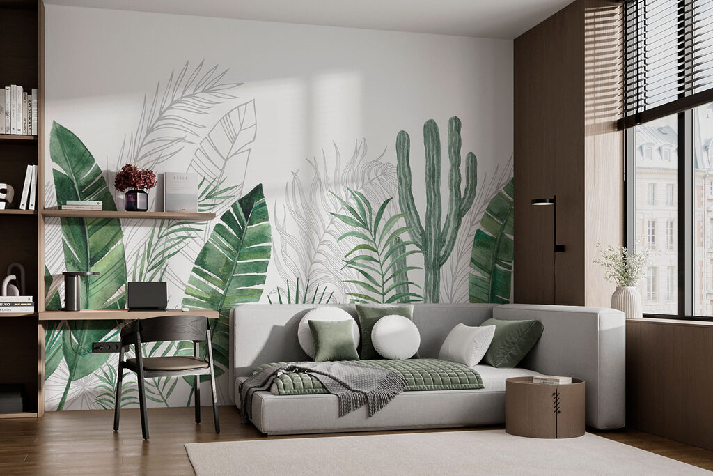 Group of green leaves and cactuses