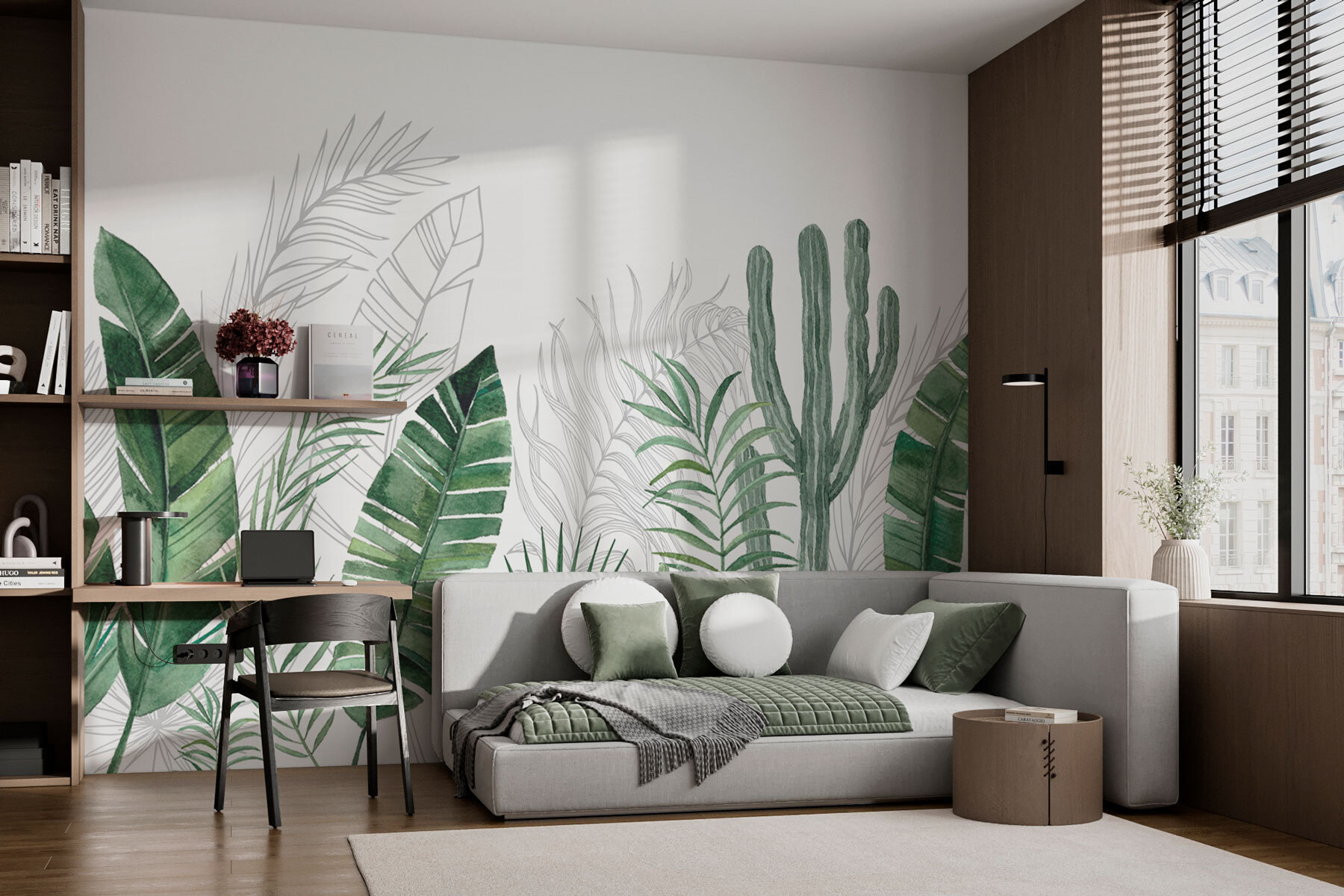 Group of green leaves and cactuses