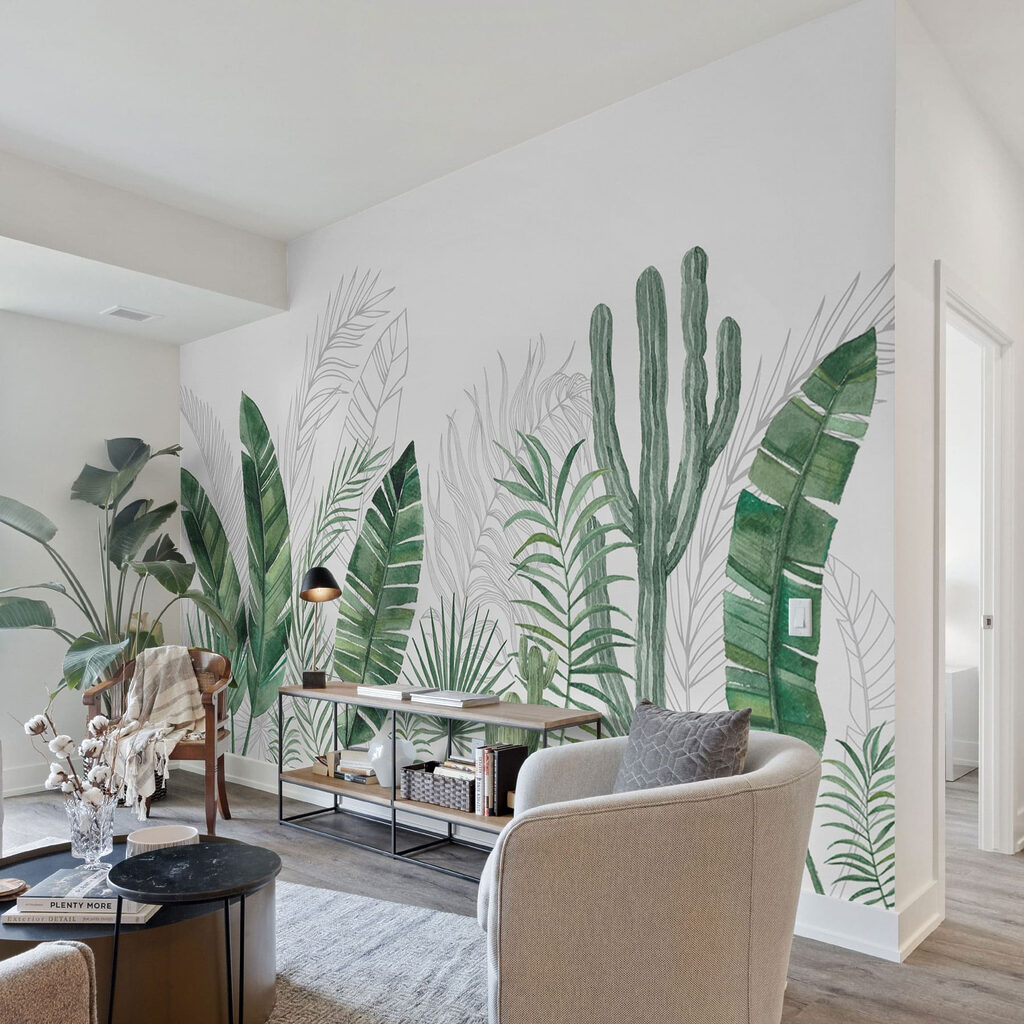 Group of green leaves and cactuses