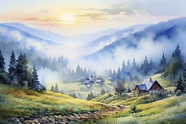 Peinture d'un village de montagne Peinture d'un village de montagne