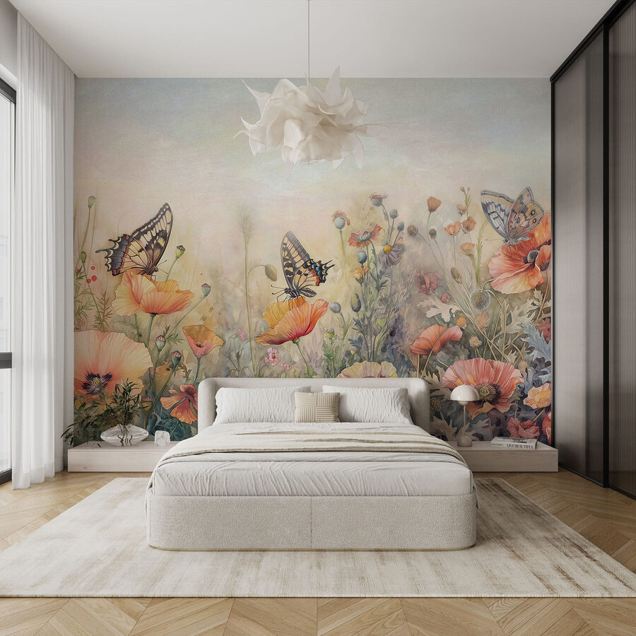 Papillons sur des fleurs dans un champ