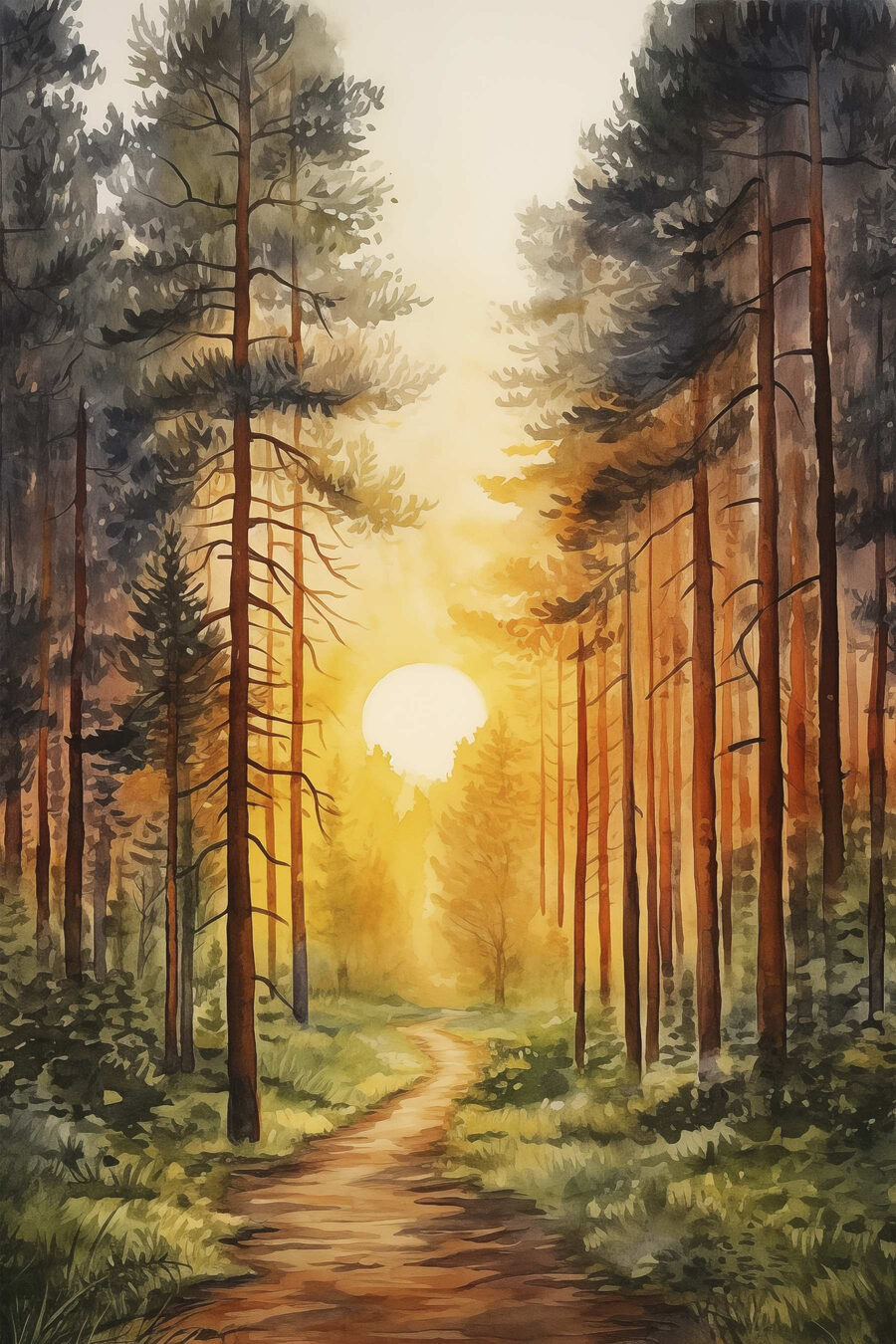 Peinture d'une forêt avec un chemin et des arbres Peinture d'une forêt avec un chemin et des arbres
