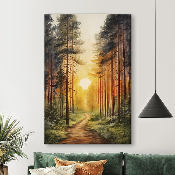 Peinture d'une forêt avec un chemin et des arbres Peinture d'une forêt avec un chemin et des arbres