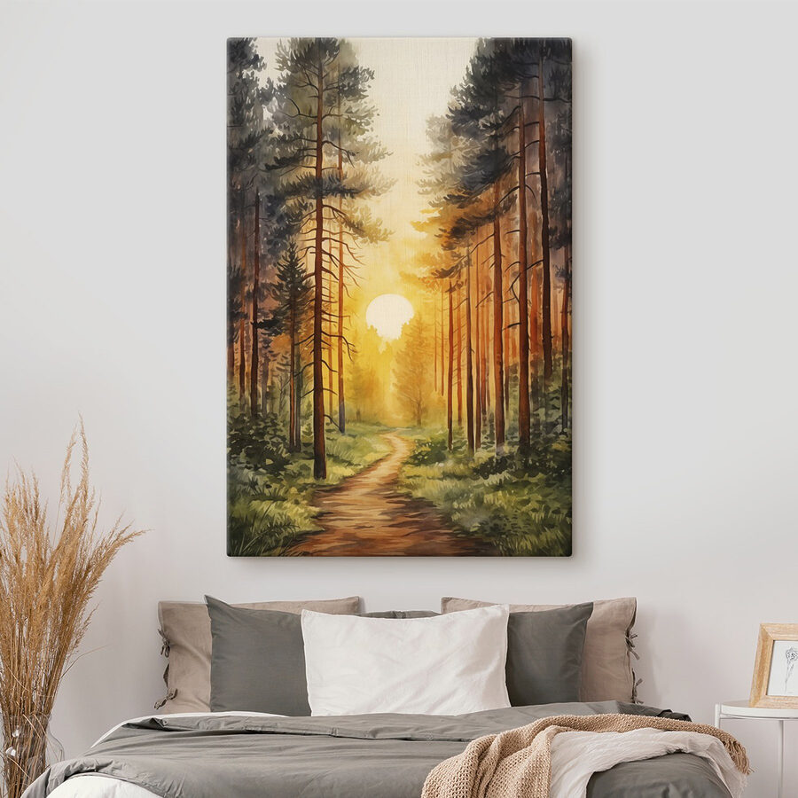 Peinture d'une forêt avec un chemin et des arbres Peinture d'une forêt avec un chemin et des arbres
