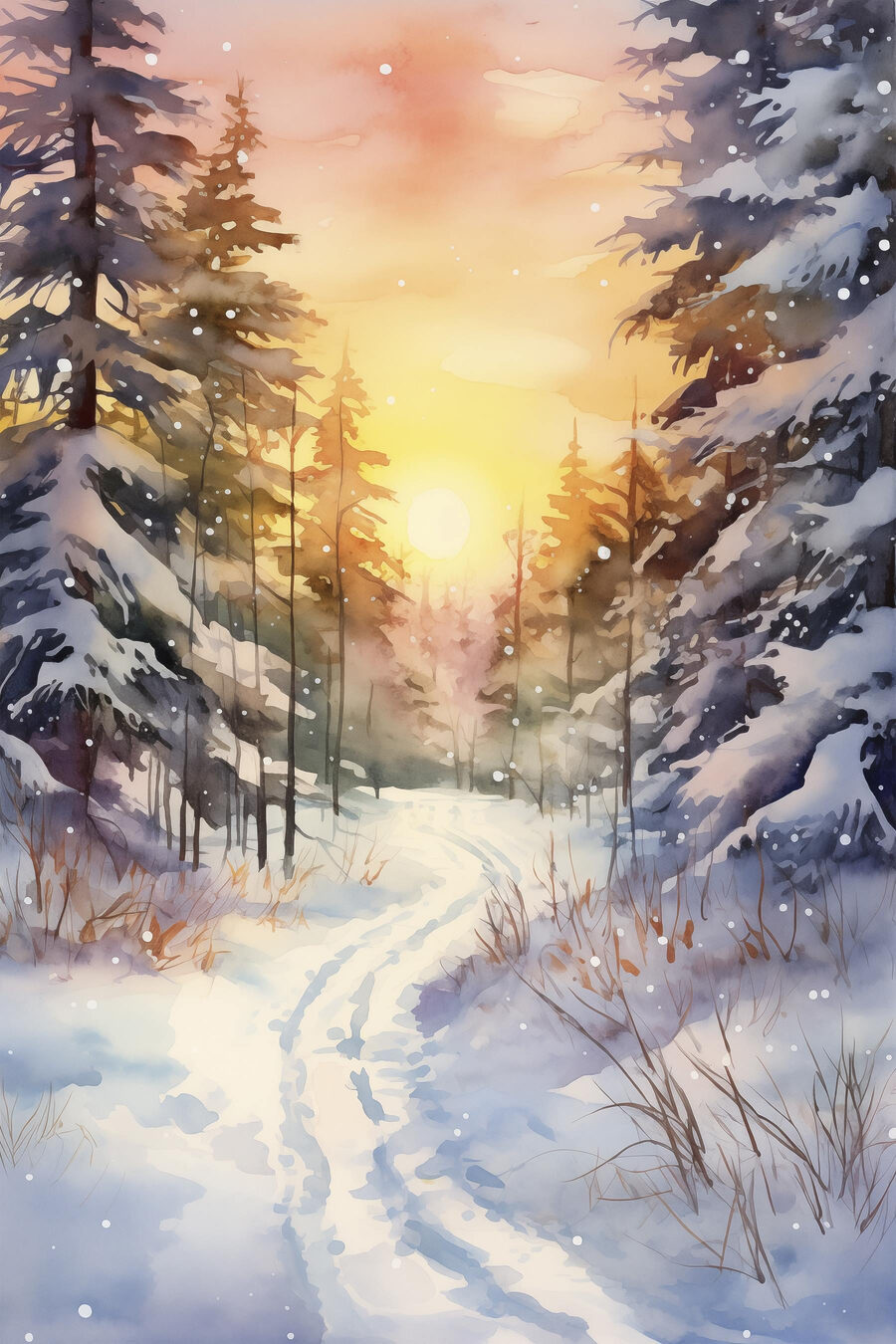 Aquarelle d'une forêt enneigée Aquarelle d'une forêt enneigée