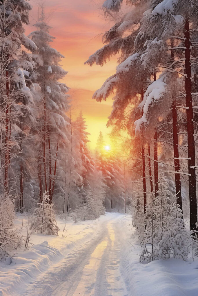 Snow covered road in a forest