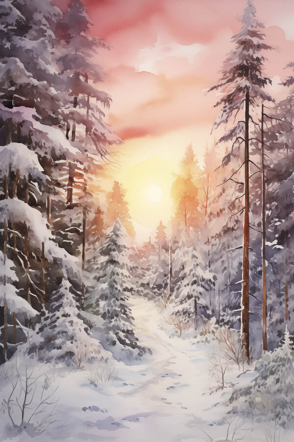 Aquarelle d'une forêt enneigée Aquarelle d'une forêt enneigée