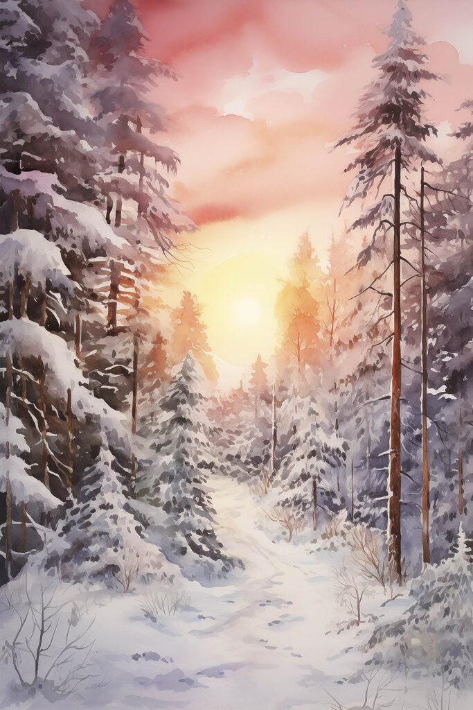 Watercolor painting of a snowy forest