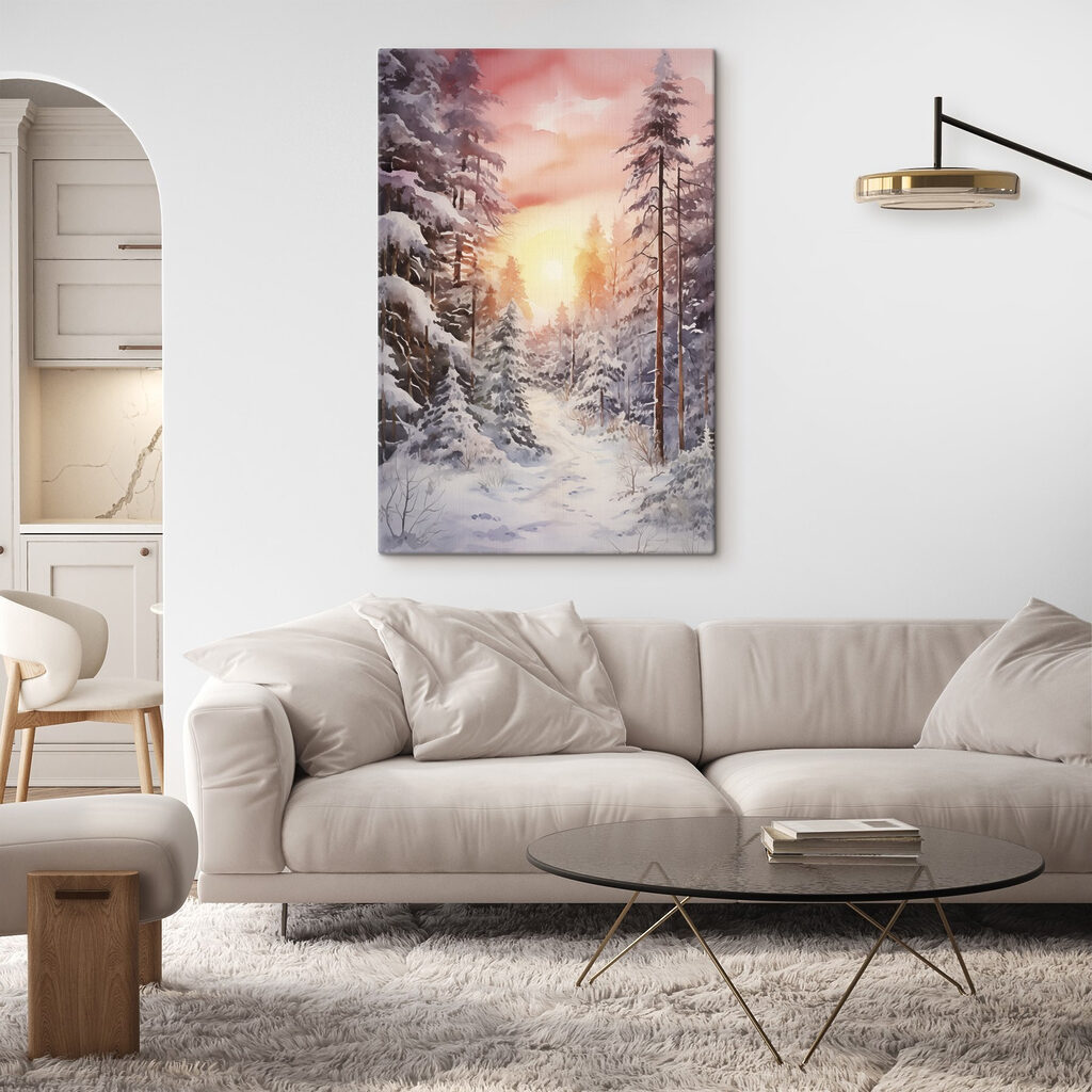 Watercolor painting of a snowy forest