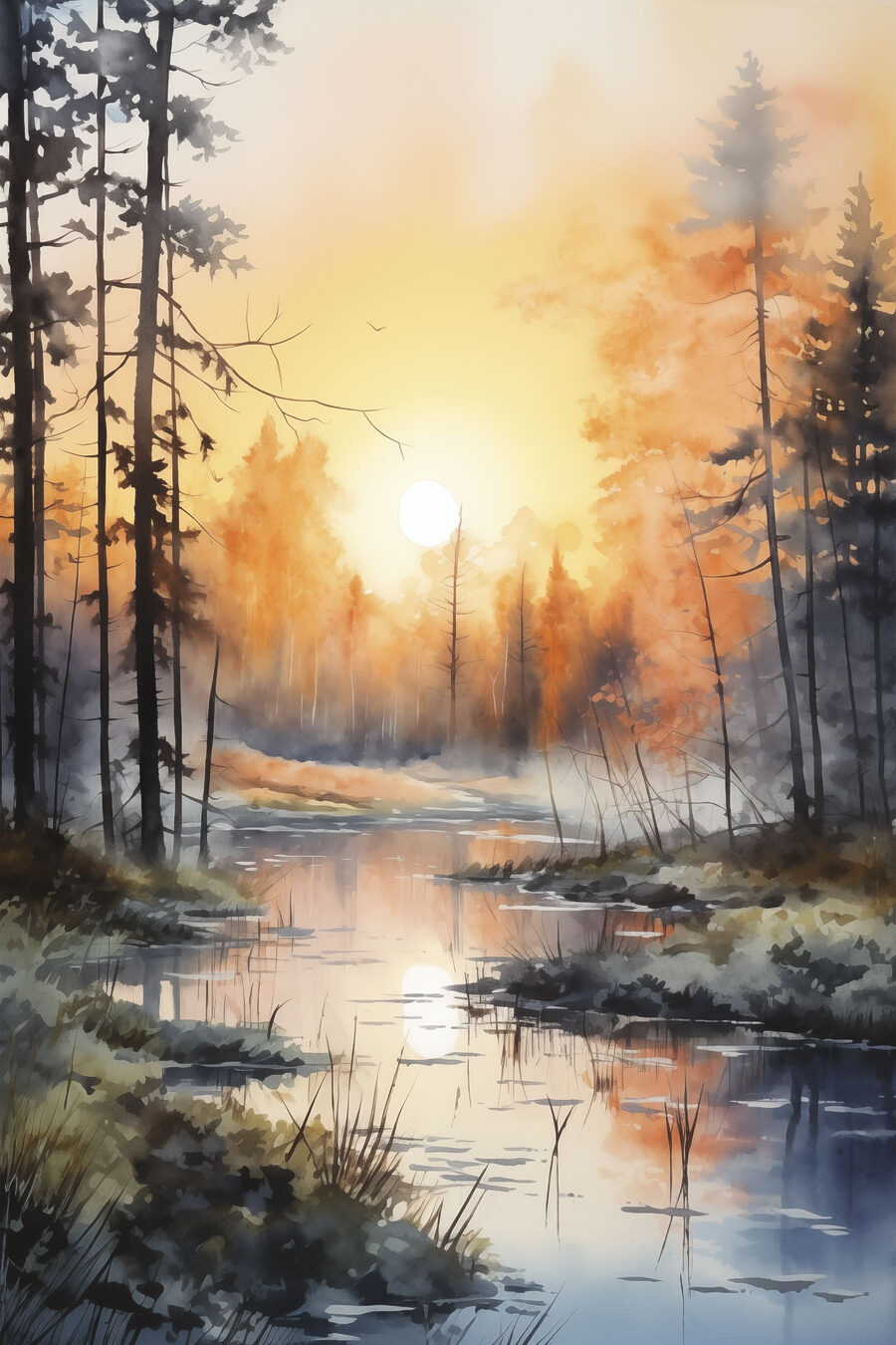 Aquarelle d'une rivière avec des arbres et des plantes