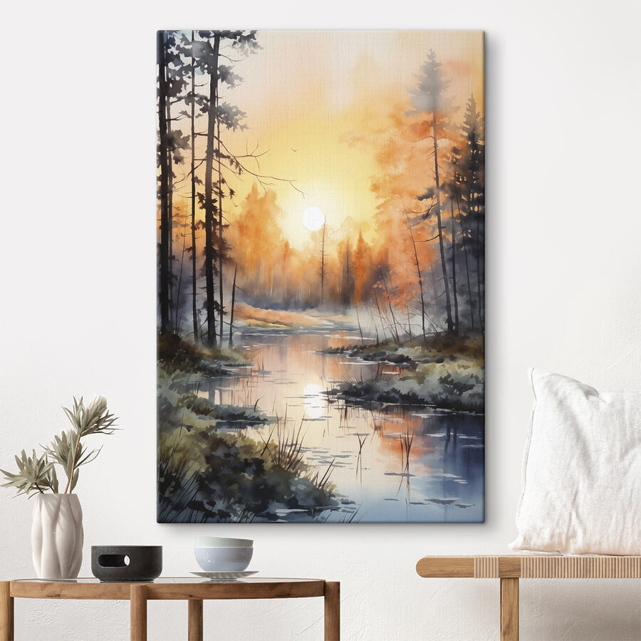 Aquarelle d'une rivière avec des arbres et des plantes
