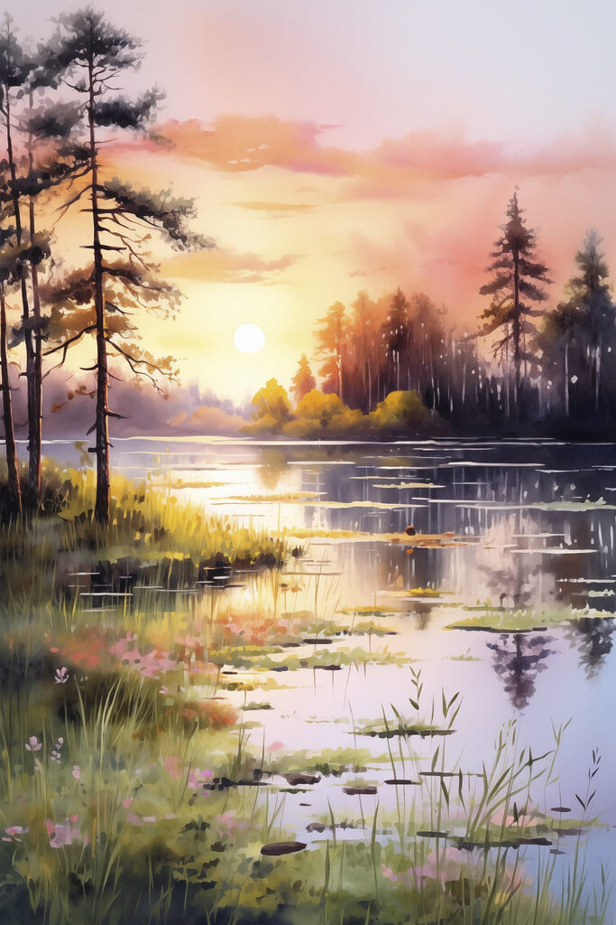 Watercolor painting of a lake with trees and grass