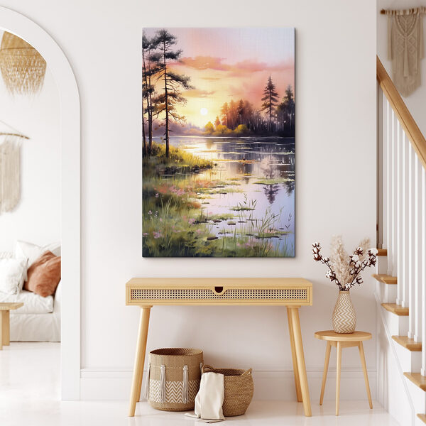 Aquarelle d'un lac avec des arbres et de l'herbe Aquarelle d'un lac avec des arbres et de l'herbe