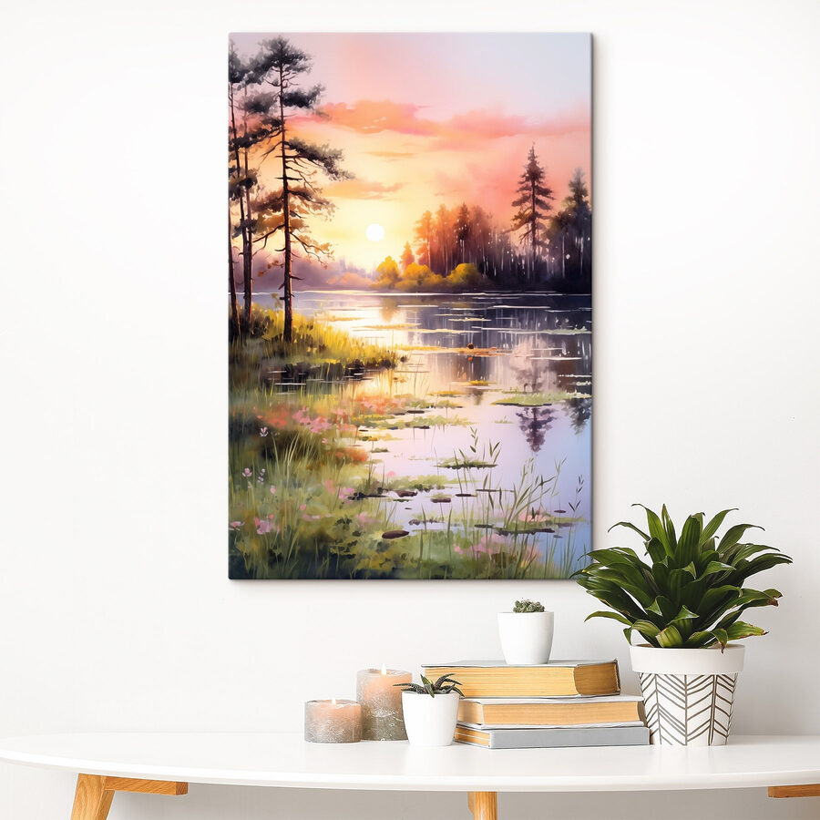 Aquarelle d'un lac avec des arbres et de l'herbe