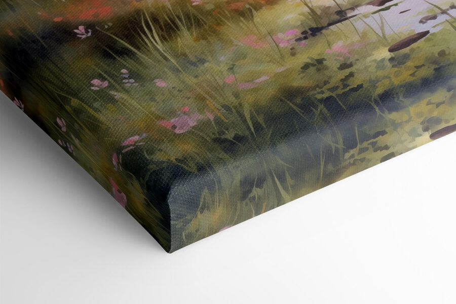 Aquarelle d'un lac avec des arbres et de l'herbe