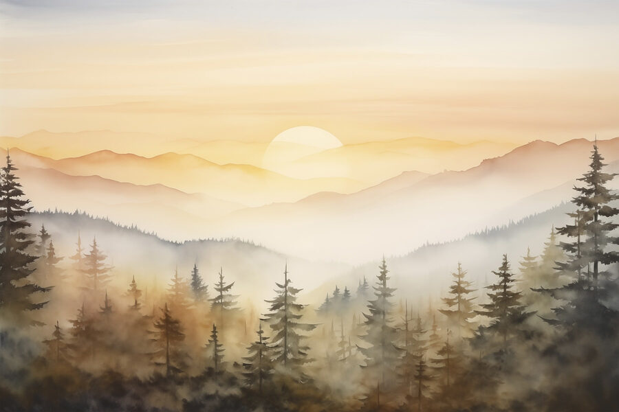 Aquarelle d'une forêt et de montagnes