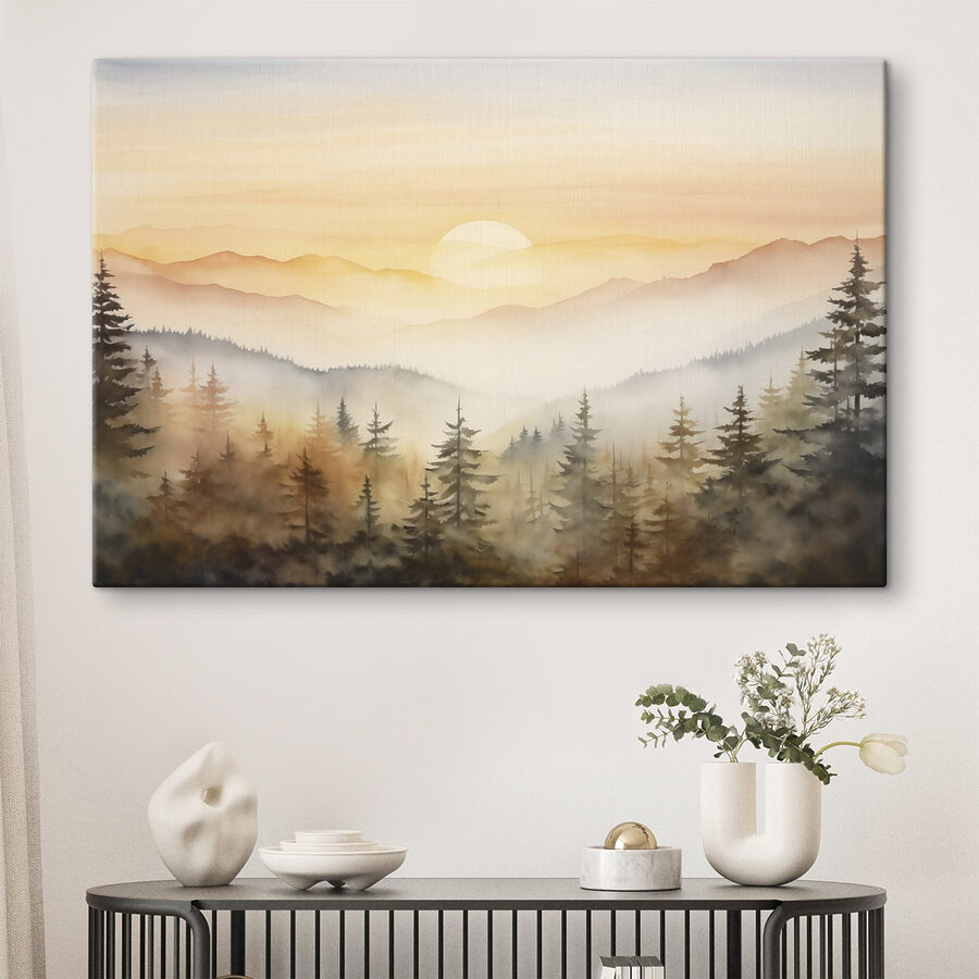 Aquarelle d'une forêt et de montagnes