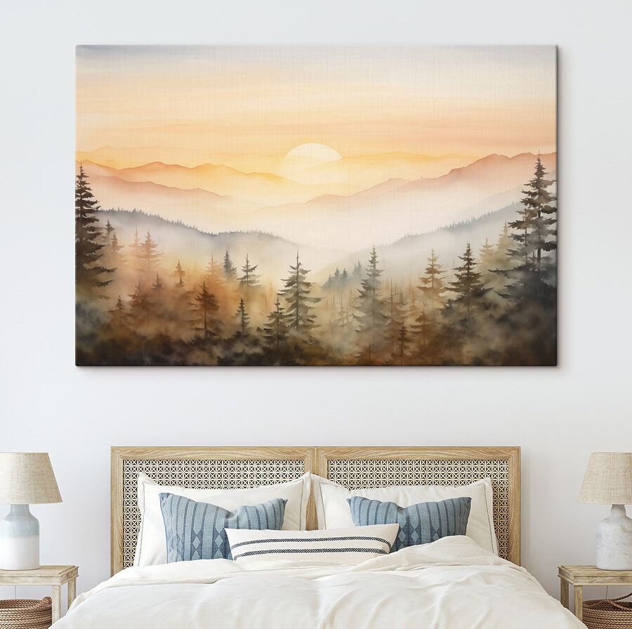 Aquarelle d'une forêt et de montagnes