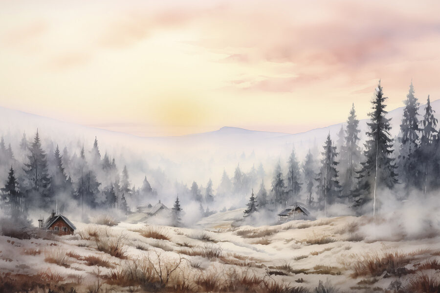 Paysage avec arbres et brouillard