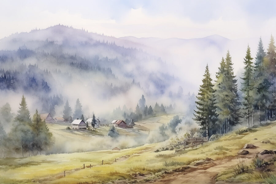 Aquarelle d'un village de montagne