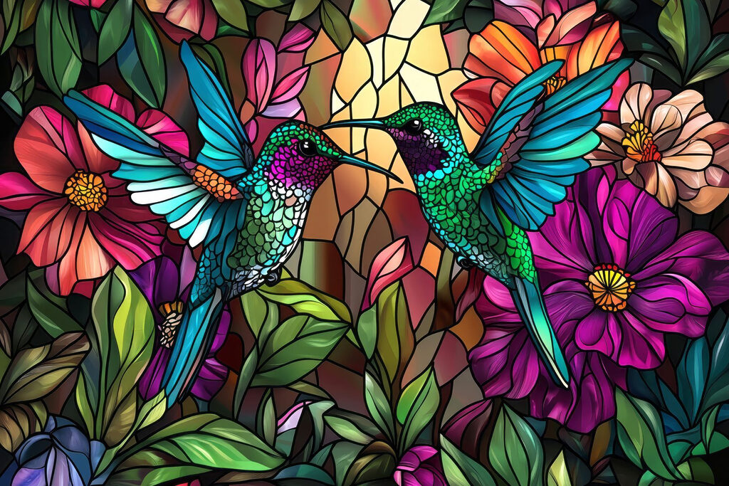 Vitrail avec des oiseaux colorés Vitrail avec des oiseaux colorés