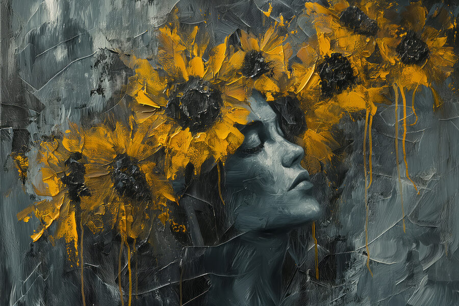Peinture d'une femme avec des fleurs jaunes