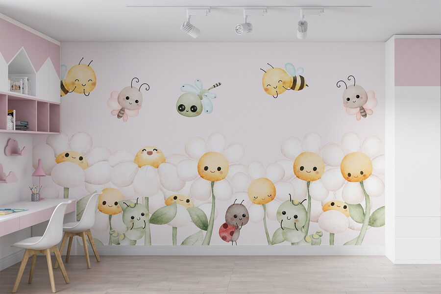 Groupe d'insectes et de fleurs en dessin animé Groupe d'insectes et de fleurs en dessin animé