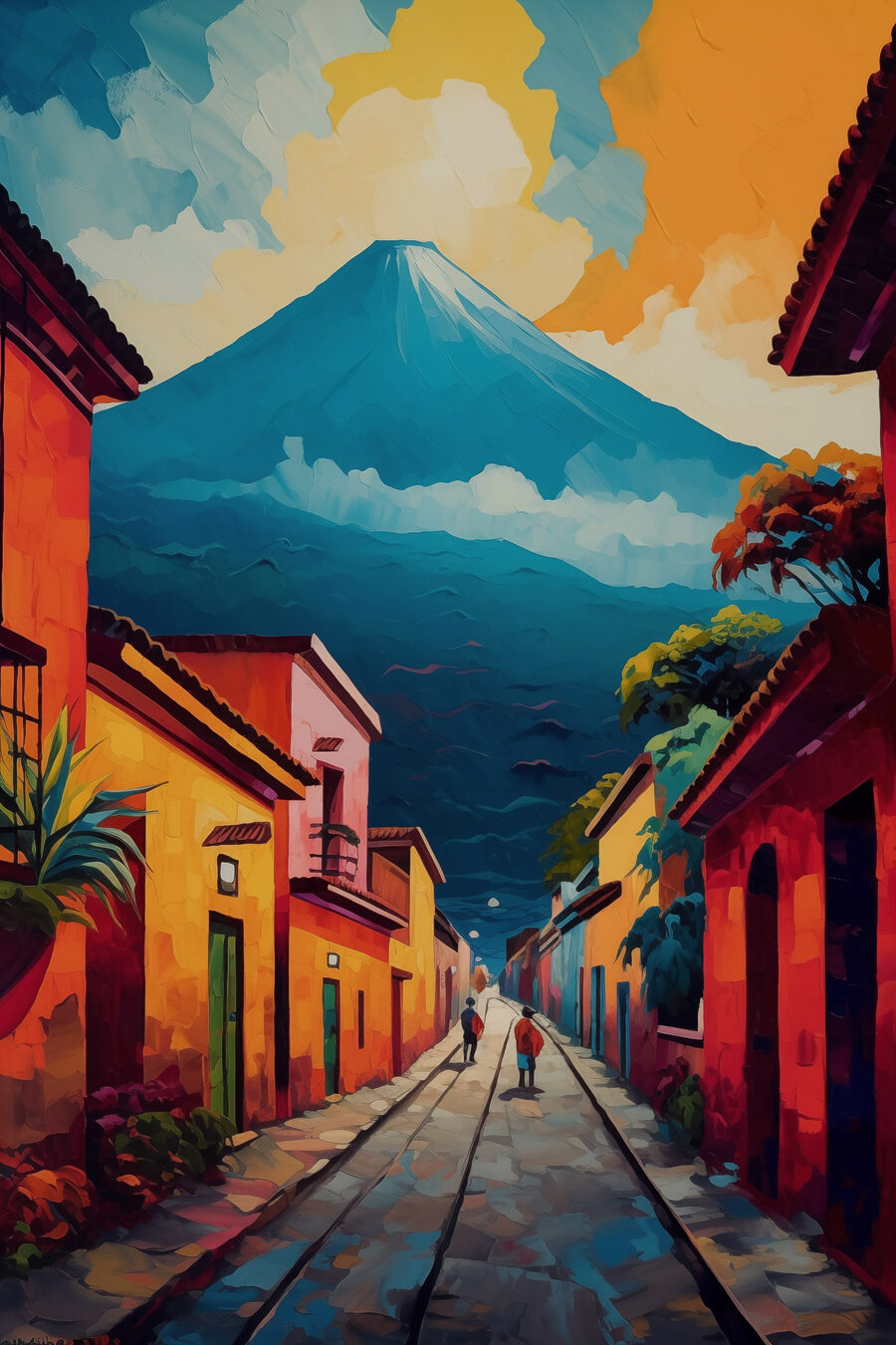 Peinture d'une rue avec des bâtiments et une montagne en arrière-plan