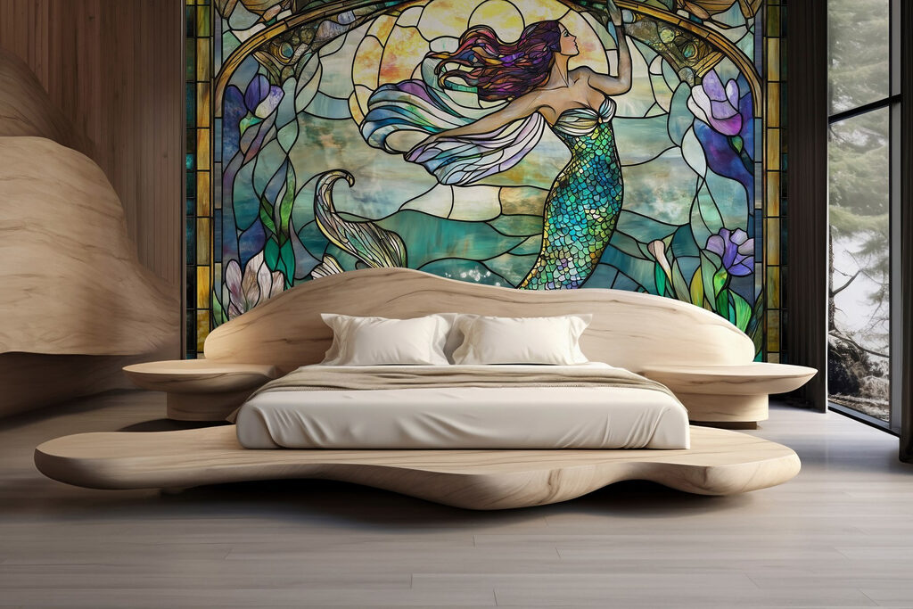 Stained glass window with a mermaid