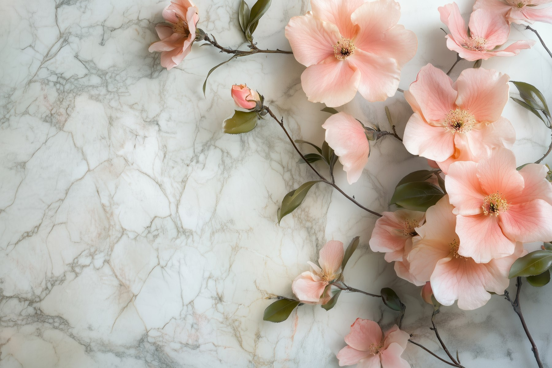Group of pink flowers on a marble surface Group of pink flowers on a marble surface