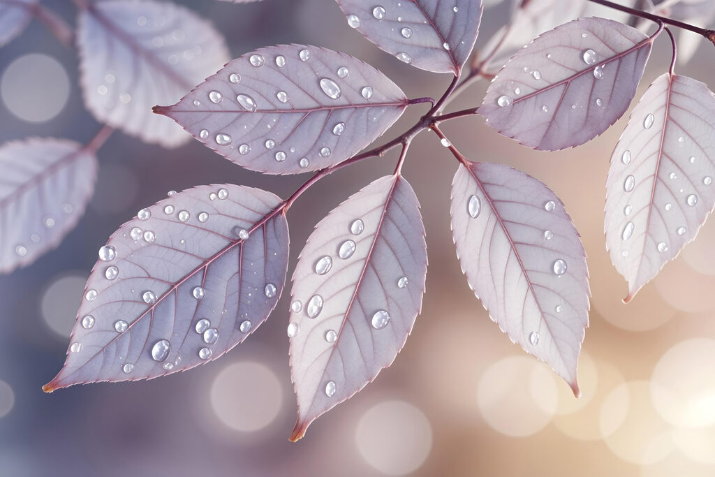 Feuilles délicates avec gouttes de rosée au repos Feuilles délicates avec gouttes de rosée au repos