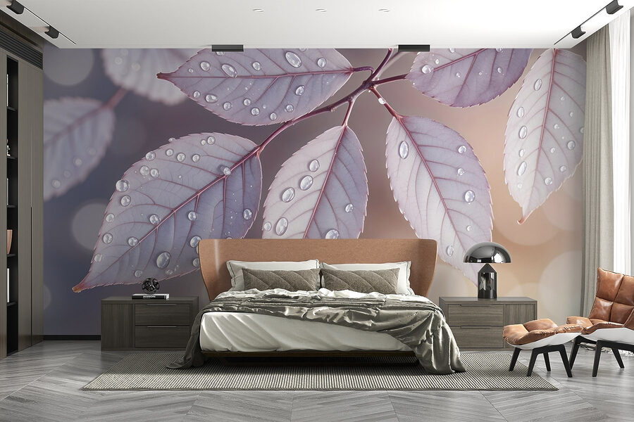 Feuilles délicates avec gouttes de rosée au repos